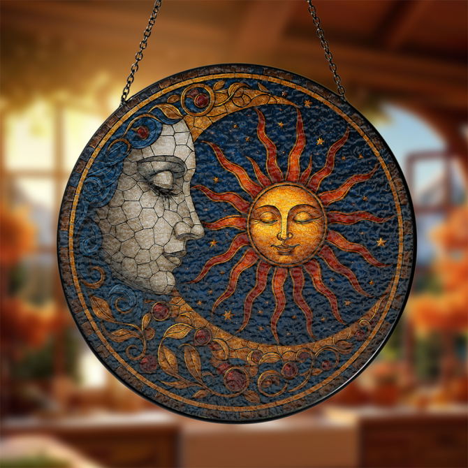 Radiant Sun & Moon Stained Glass Wall Art - Handcrafted Celestial Decor For Home & Garden
