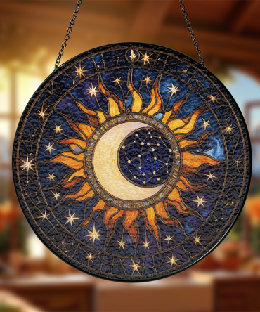 Stunning Sun & Moon Stained Glass Suncatcher - Cosmic Window Decor For Home & Garden - 12 Inches