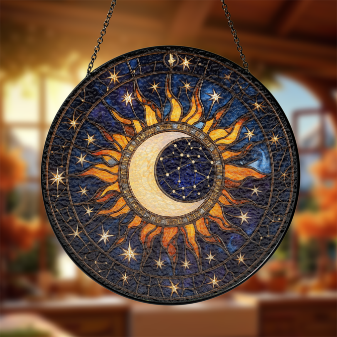 Stunning Sun & Moon Stained Glass Suncatcher - Cosmic Window Decor For Home & Garden - 12 Inches
