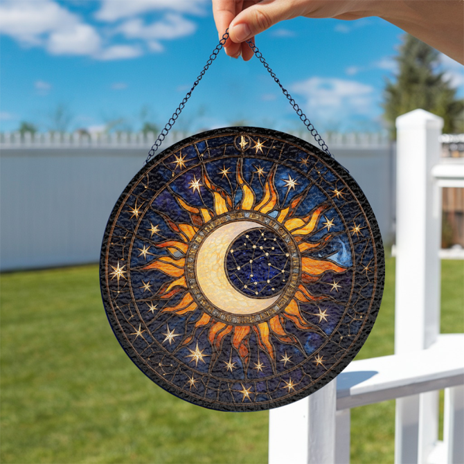 Stunning Sun & Moon Stained Glass Suncatcher - Cosmic Window Decor For Home & Garden - 12 Inches - Image 2