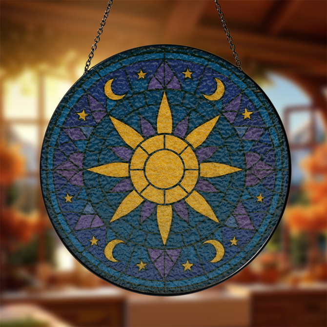 Stunning Sun & Moon Stained Glass Window Hanging - Celestial Decor For Home