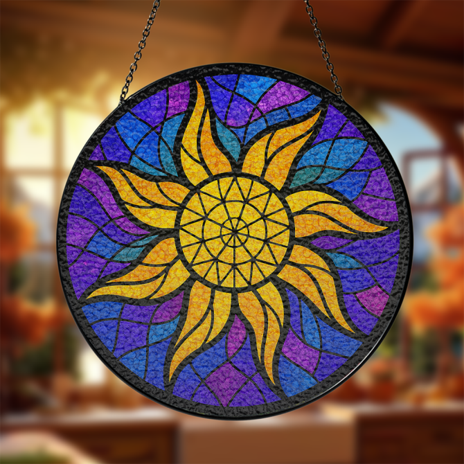 Vibrant Sunburst Stained Glass Panel - Colorful Window Hanging Art Decor For Home & Garden