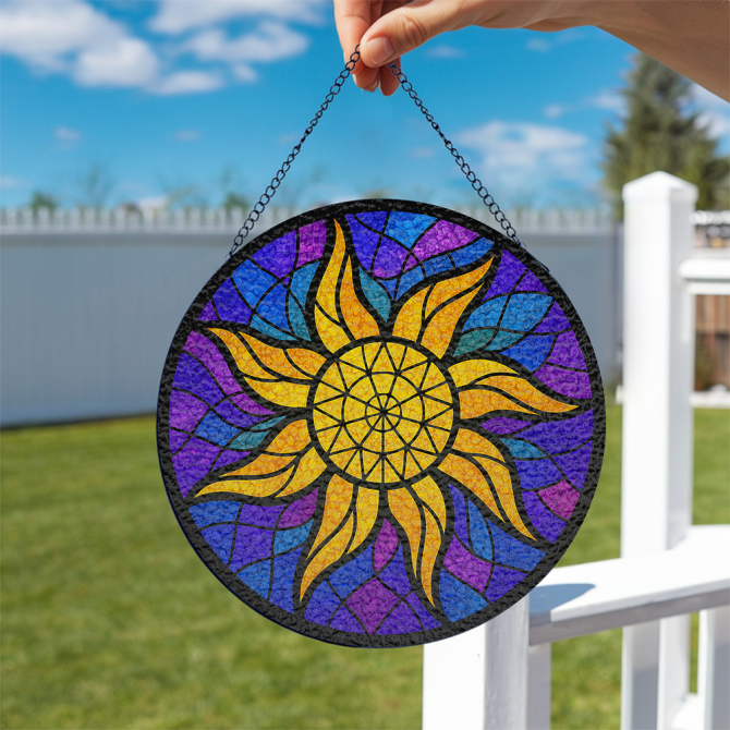 Vibrant Sunburst Stained Glass Panel - Colorful Window Hanging Art Decor For Home & Garden - Image 2