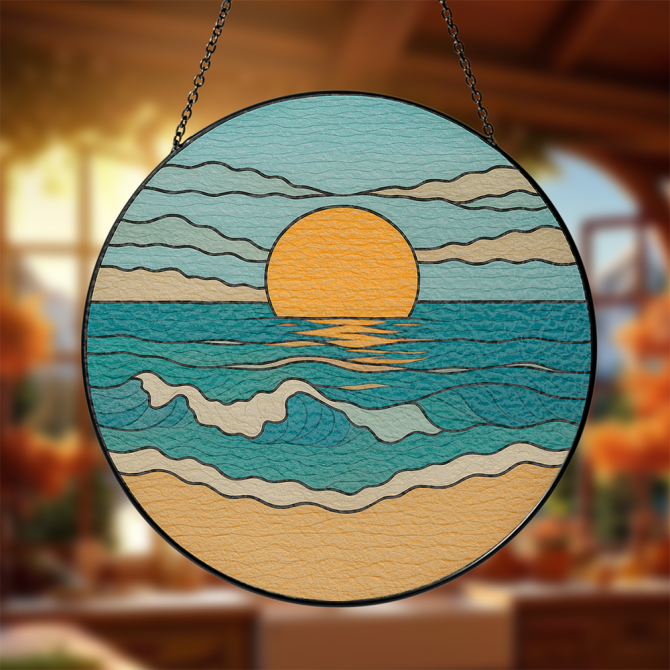 Stunning Sunset Beach Stained Glass Window Hanging - Coastal Decor Art Piece