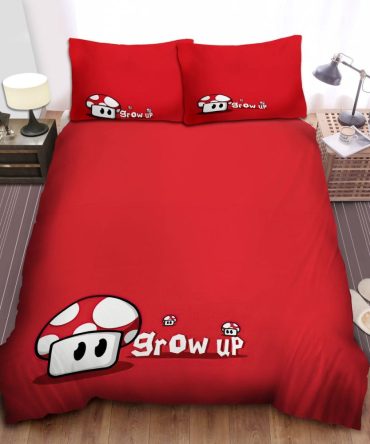 Fun Red Mushroom Bedding Set - 'Grow Up' Design For Gamers - Twin/Queen/King Sizes