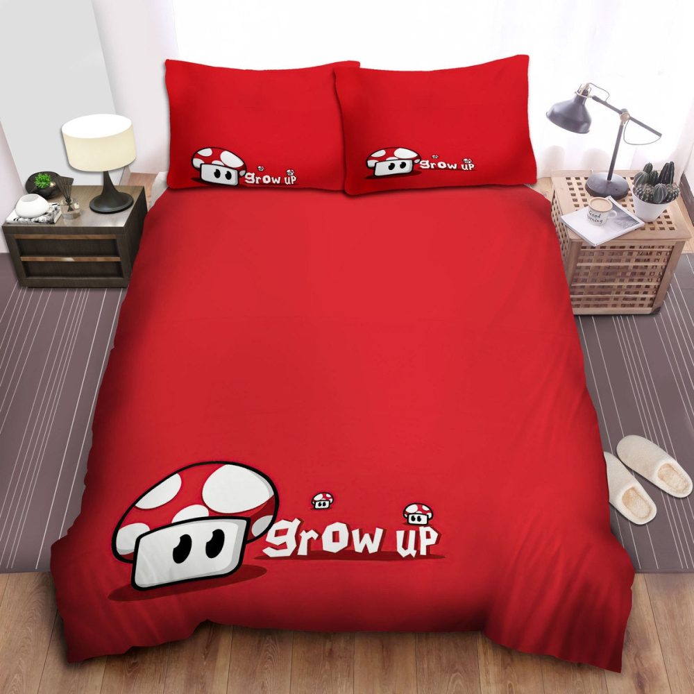 Fun Red Mushroom Bedding Set - 'Grow Up' Design For Gamers - Twin/Queen/King Sizes
