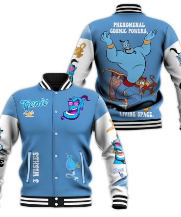 Magical Genie Themed Varsity Jacket – Vibrant Blue Cartoon Design, Unisex, Cozy & Stylish
