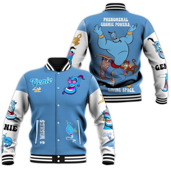 Magical Genie Themed Varsity Jacket – Vibrant Blue Cartoon Design, Unisex, Cozy & Stylish
