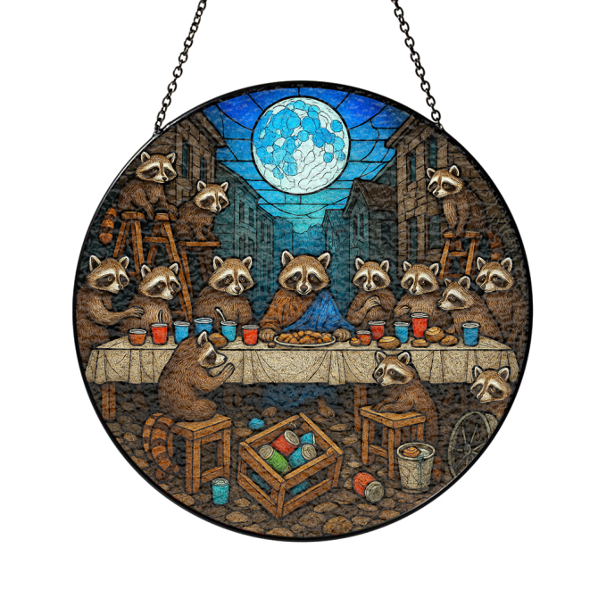 Whimsical Raccoon Gathering Stained Glass Art Panel - Unique Home Decor Gift - Image 3