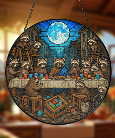 Whimsical Raccoon Gathering Stained Glass Art Panel - Unique Home Decor Gift