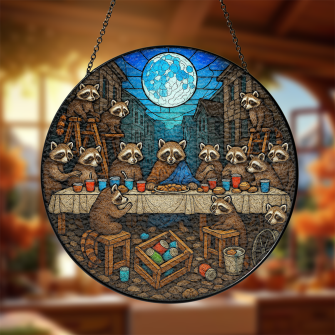 Whimsical Raccoon Gathering Stained Glass Art Panel - Unique Home Decor Gift