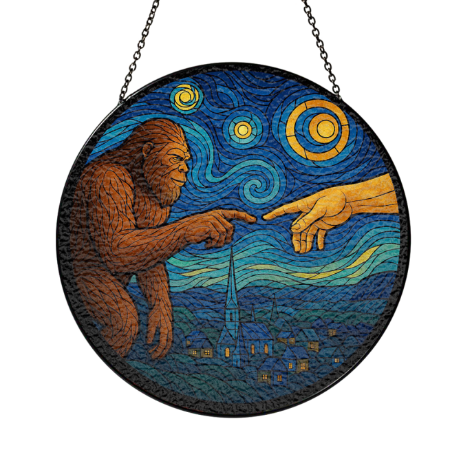 Unique Sasquatch Meets Creation Stained Glass Art - Handmade Round Hanging Decor - Image 3