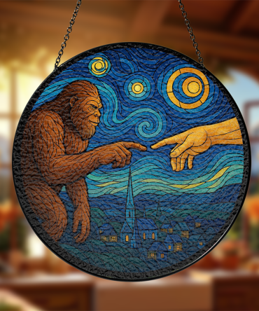 Unique Sasquatch Meets Creation Stained Glass Art - Handmade Round Hanging Decor