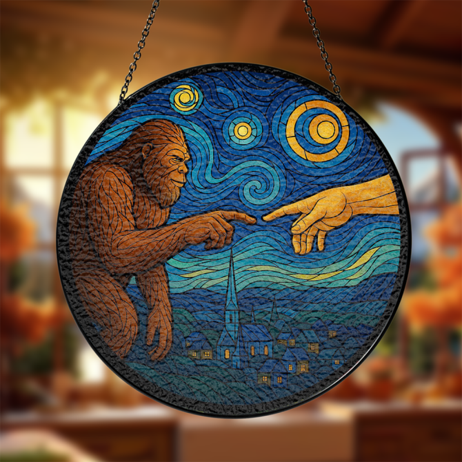 Unique Sasquatch Meets Creation Stained Glass Art - Handmade Round Hanging Decor