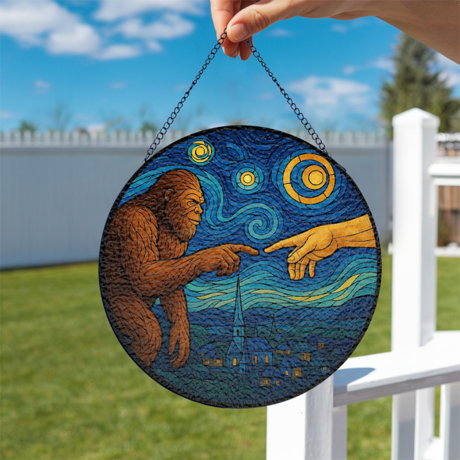 Unique Sasquatch Meets Creation Stained Glass Art - Handmade Round Hanging Decor - Image 2