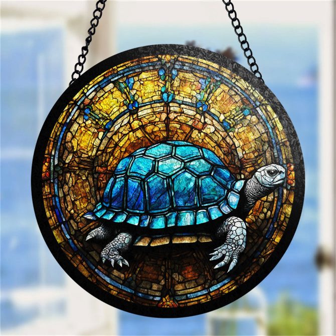 Stunning Turtle Stained Glass Window Hanging - Handcrafted Sun Catcher Art Decor