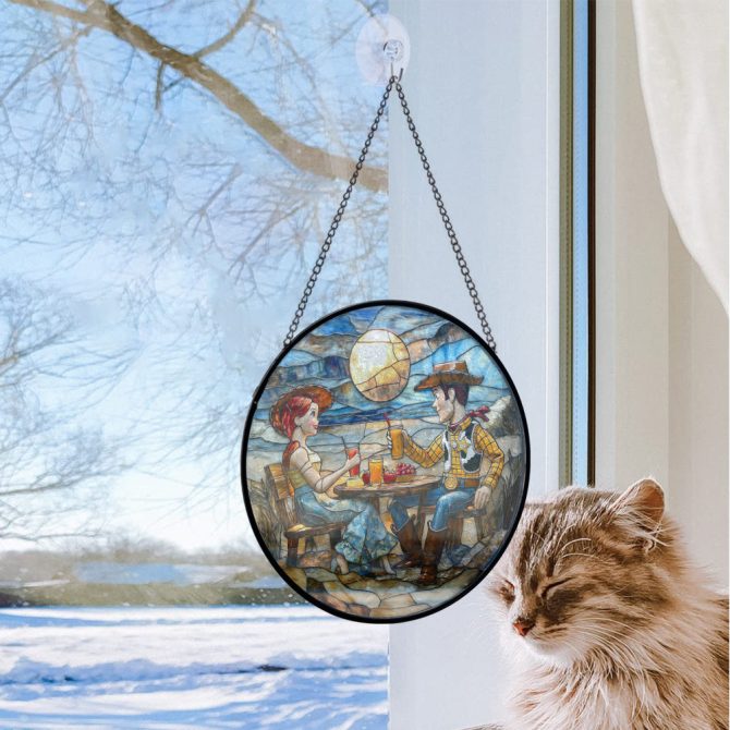 Charming Stained Glass Hanging Art - Romantic Country Couple Picnic Scene - Image 2