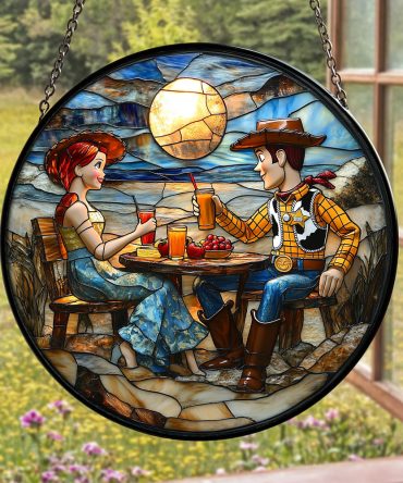 Charming Stained Glass Hanging Art - Romantic Country Couple Picnic Scene