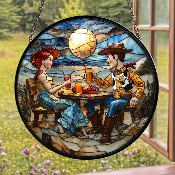 Charming Stained Glass Hanging Art - Romantic Country Couple Picnic Scene