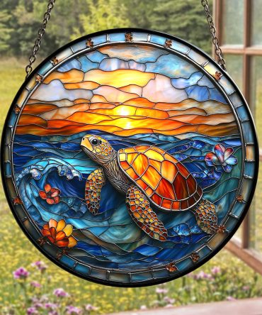 Vibrant Sea Turtle Stained Glass Sun Catcher – Handcrafted Ocean Window Art Decor