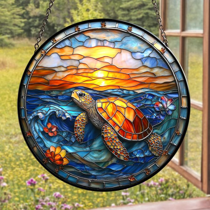 Vibrant Sea Turtle Stained Glass Sun Catcher – Handcrafted Ocean Window Art Decor
