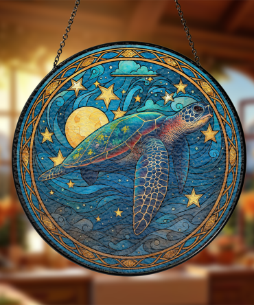 Stunning Stained Glass Sea Turtle Suncatcher - Ocean Decor With Starry Night Design