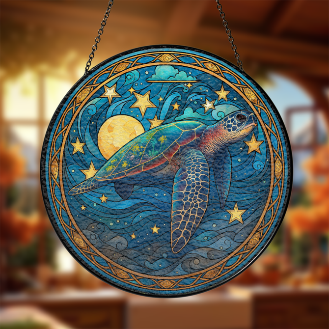 Stunning Stained Glass Sea Turtle Suncatcher - Ocean Decor With Starry Night Design