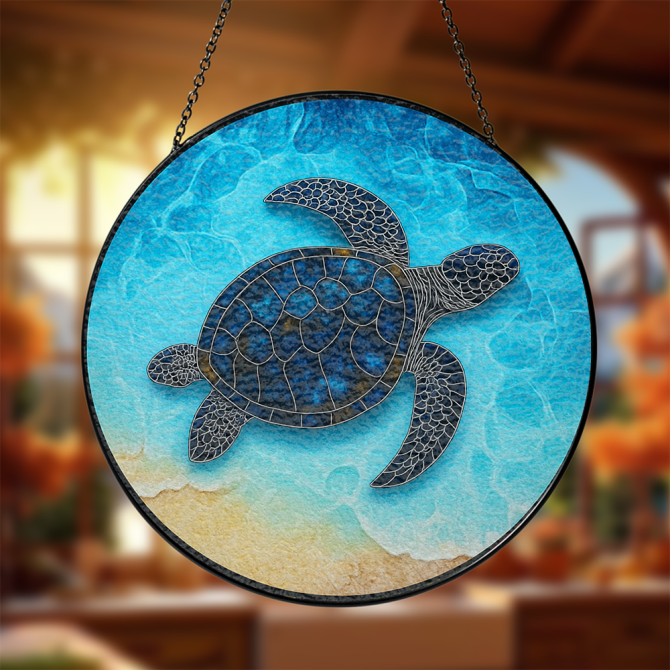 Handcrafted Sea Turtle Stained Glass Suncatcher - Ocean-Themed Window Art Decor