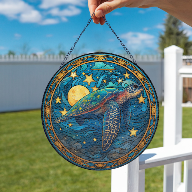 Stunning Stained Glass Sea Turtle Suncatcher - Ocean Decor With Starry Night Design - Image 2