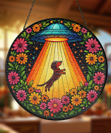 Colorful Stained Glass Suncatcher - Ufo & Dog Design With Floral Border - Unique Home Decor Gift