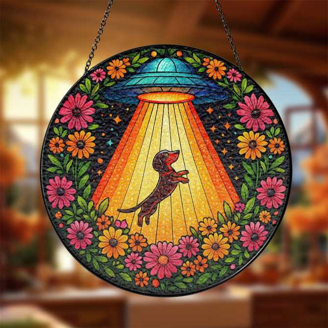 Colorful Stained Glass Suncatcher - Ufo & Dog Design With Floral Border - Unique Home Decor Gift