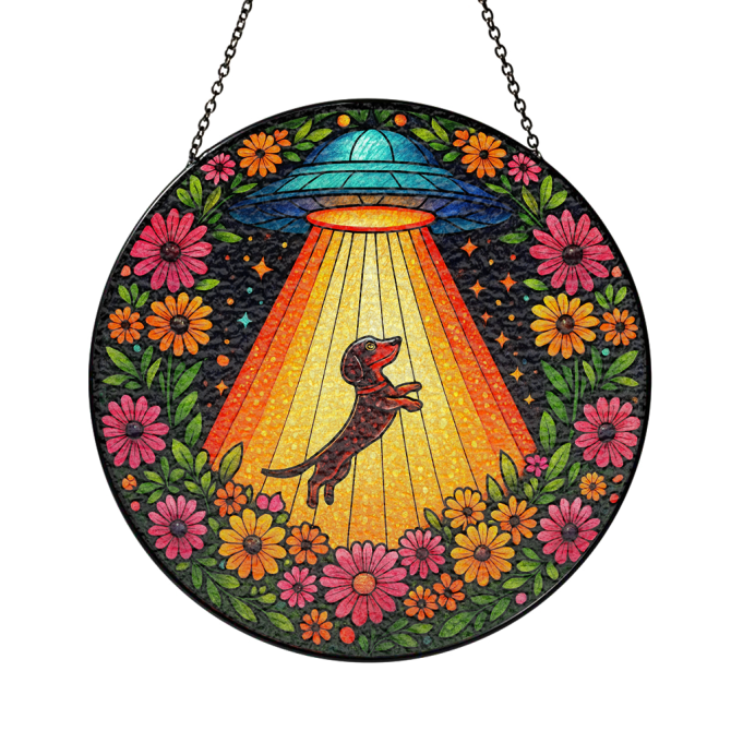 Colorful Stained Glass Suncatcher - Ufo & Dog Design With Floral Border - Unique Home Decor Gift - Image 2