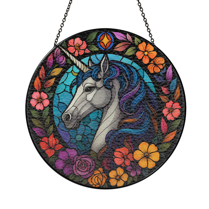 Enchanting Stained Glass Unicorn Suncatcher - Vibrant Floral Design For Home Decor - Image 3
