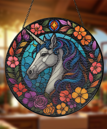Enchanting Stained Glass Unicorn Suncatcher - Vibrant Floral Design For Home Decor