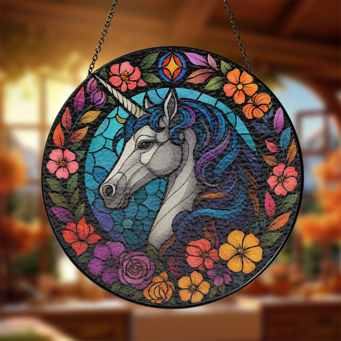 Enchanting Stained Glass Unicorn Suncatcher - Vibrant Floral Design For Home Decor