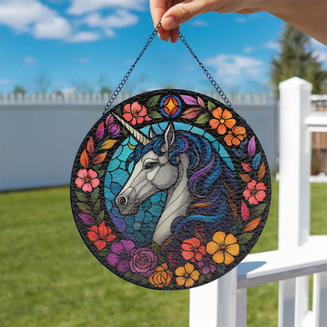 Enchanting Stained Glass Unicorn Suncatcher - Vibrant Floral Design For Home Decor - Image 2