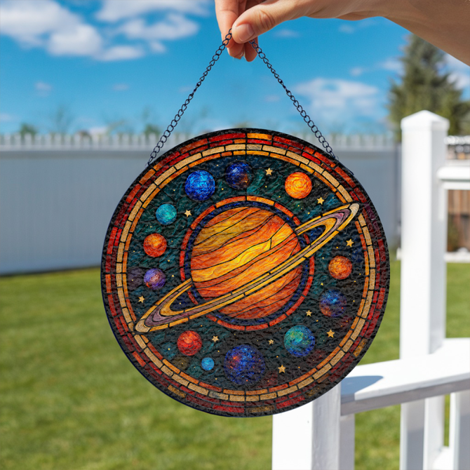 Stunning Celestial Stained Glass Suncatcher - Handmade Saturn & Planets Window Art Decor - Image 2
