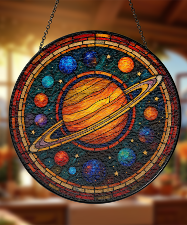 Stunning Celestial Stained Glass Suncatcher - Handmade Saturn & Planets Window Art Decor