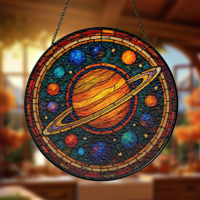 Stunning Celestial Stained Glass Suncatcher - Handmade Saturn & Planets Window Art Decor