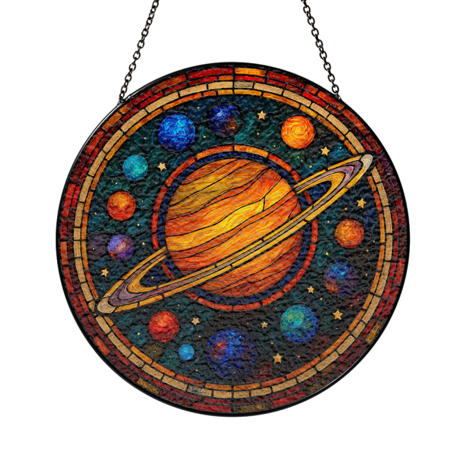 Stunning Celestial Stained Glass Suncatcher - Handmade Saturn & Planets Window Art Decor - Image 3