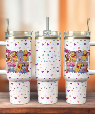 Colorful Heart Pattern Tumbler With Cute Cartoon Characters – 40Oz Insulated Travel Mug With Straw & Handle