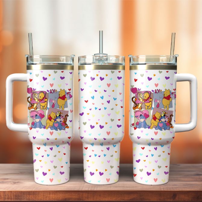 Colorful Heart Pattern Tumbler With Cute Cartoon Characters – 40Oz Insulated Travel Mug With Straw & Handle