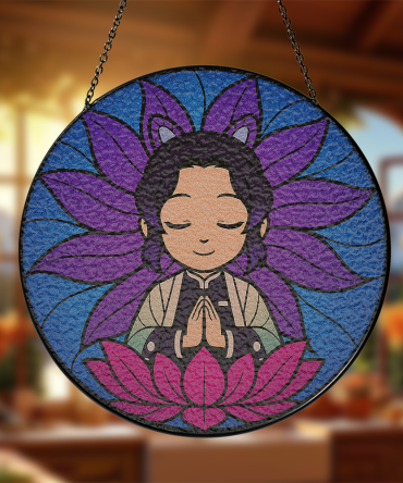 Charming Zen Anime Stained Glass Suncatcher - Meditative Art For Home Decor