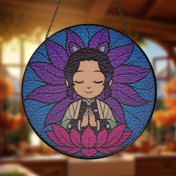 Charming Zen Anime Stained Glass Suncatcher - Meditative Art For Home Decor