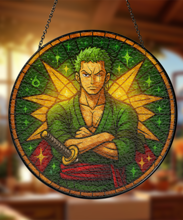 Anime-Inspired Stained Glass Window Hanging – Vibrant Green Warrior Design