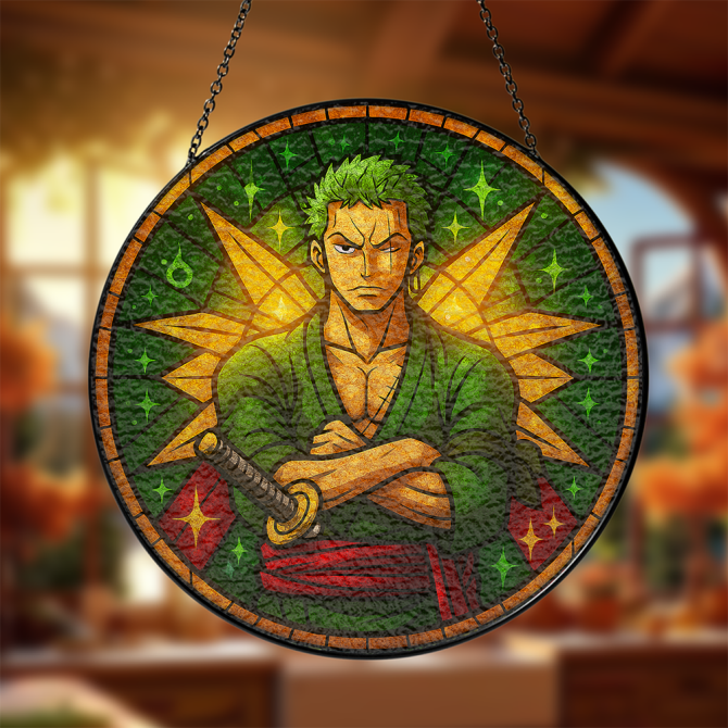 Anime-Inspired Stained Glass Window Hanging – Vibrant Green Warrior Design