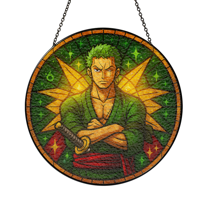 Anime-Inspired Stained Glass Window Hanging – Vibrant Green Warrior Design - Image 3