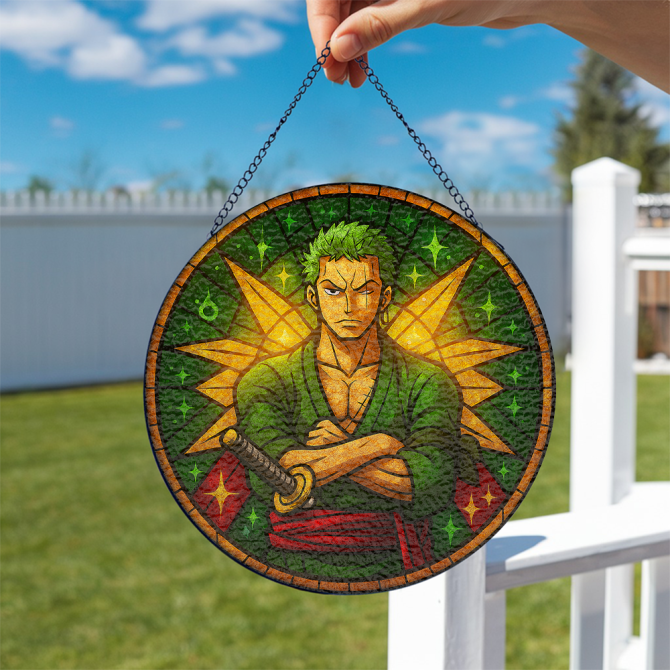 Anime-Inspired Stained Glass Window Hanging – Vibrant Green Warrior Design - Image 2