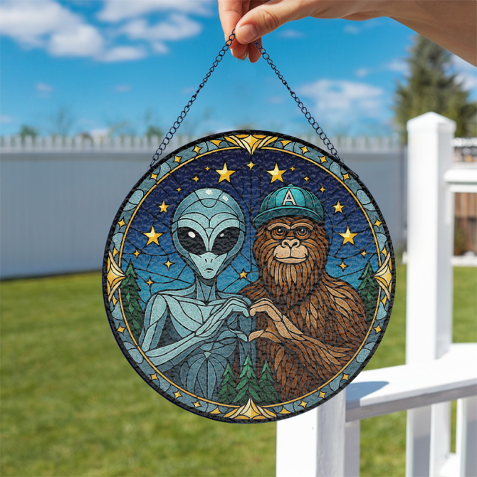 Alien & Bigfoot Stained Glass Hanging - Unique Mythical Decor For Home Or Garden - Image 2