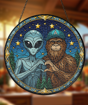 Alien & Bigfoot Stained Glass Hanging - Unique Mythical Decor For Home Or Garden